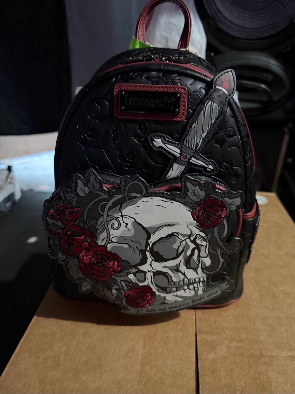 Mini Black Skull & Rose Backpack with Red Accents